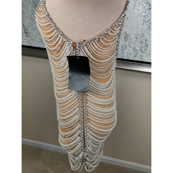 Retrofete Hollis Pearl Crystal Embellished Draped Sheer Mini Dress Size Small - Picture 8 of 11